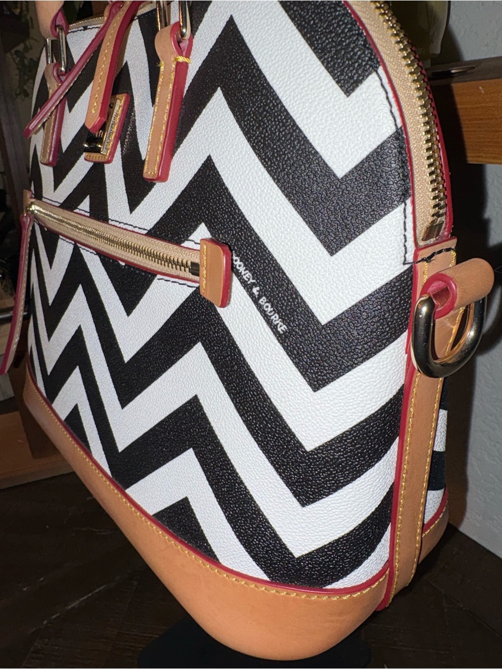 Dooney & Bourke Black and White Chevron Satchel with Tan Trim - Picture 3 of 12